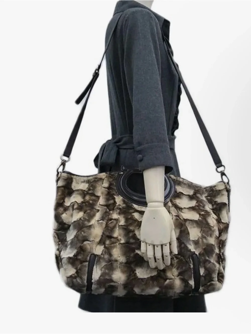 Salvatore Ferragamo White Brown Mink Fur Tote/Boho Bag